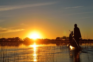 Naklejka na ściany i meble Saling in the Okavango delta at sunset, Botswana