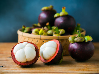 Mangosteen  fruits cut in half.