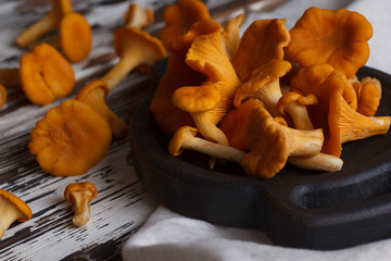 Fresh mushrooms chanterelle on a wooden background.