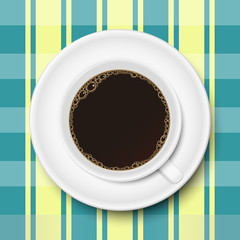 A cup of coffee and saucer on the tablecloth, top view, realistic vector