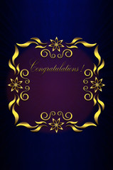 Card with gold frame of leaves with stars and Congratulations with red light on blue background