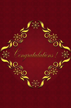 Greeting card with gold frame of leaves with stars and Congratulations on patterned red background
