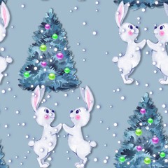 Christmas pattern. Watercolor seamless pattern with bunny