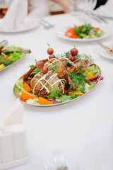Christmas turkey on restaurant white table.