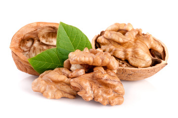 Walnuts with leaf isolated on white background