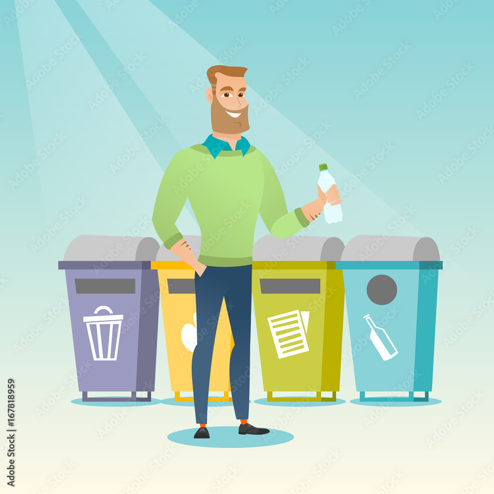 Wall mural caucasian hipster man throwing away garbage. man standing near four bins and throwing away garbage i