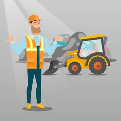 Worker of rubbish dump standing with spread arms. Man standing on the background of rubbish dump and bulldozer. Upset caucasian worker of rubbish dump. Vector flat design illustration. Square layout.
