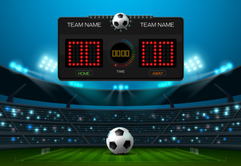 soccer football field with scoreboard and spotlight