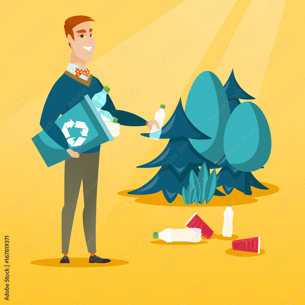 Sticker Caucasian man collecting garbage in recycle bin. Happy man with recycling bin in hand picking up used plastic bottles in forest. Waste recycling concept. Vector flat design illustration. Square layout