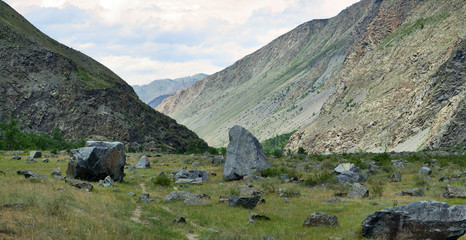 Valley of the river Chulyshman. Panorama of the big size. Altai Mountains, Siberia, Russia