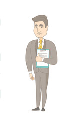 Caucasian businessman holding clipboard with documents. Young businessman holding documents. Vector sketch cartoon illustration isolated on white background.