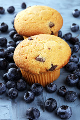 Freshly baked blueberry muffins with fresh blueberries