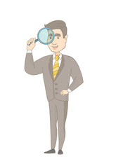 Fototapeta na wymiar Young caucasian businessman using a magnifying glass for search. Businessman looking through a magnifying glass. Concept of search. Vector sketch cartoon illustration isolated on white background.