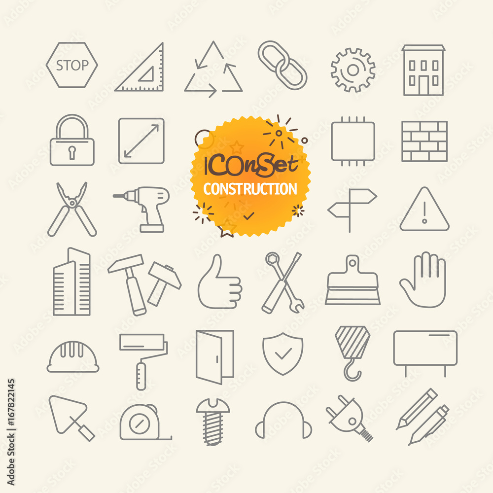 Poster Different trendy outline icons collection. Web and mobile app thin line icons set. Construction