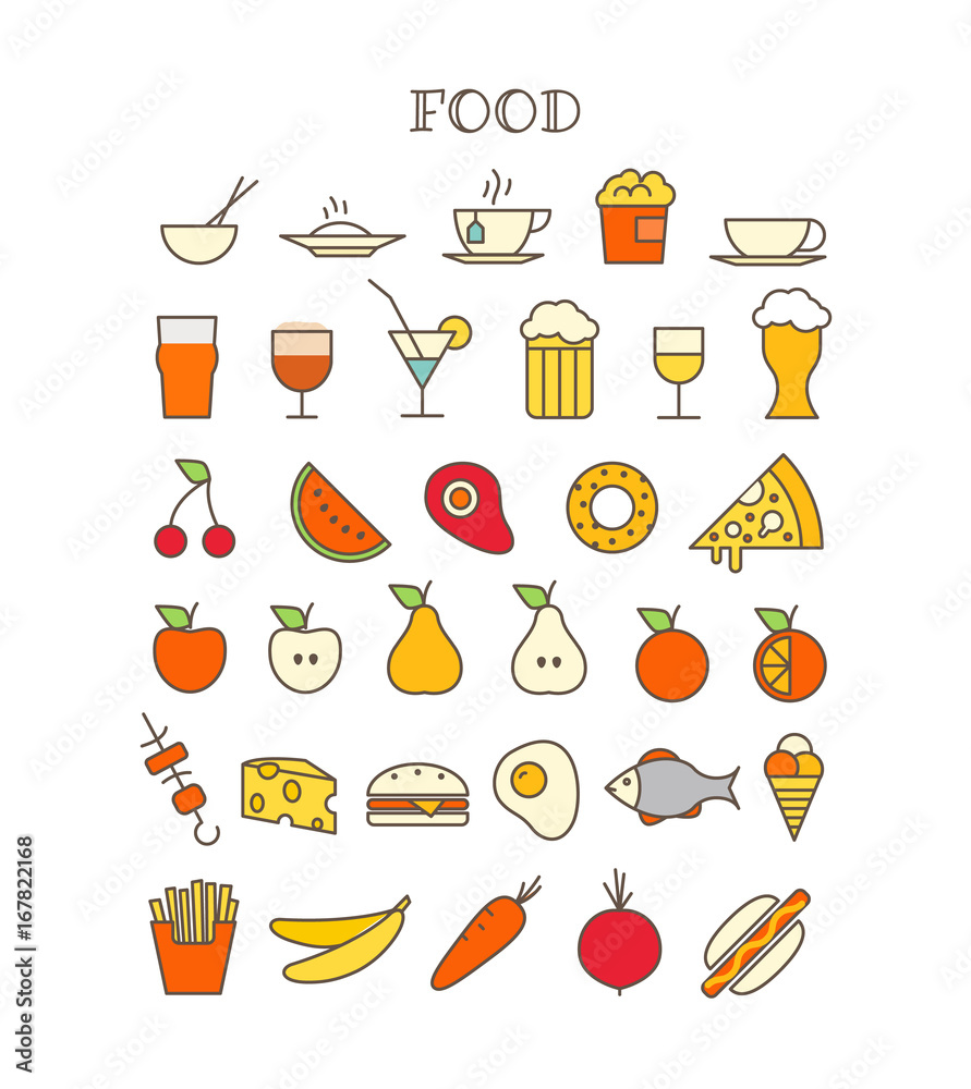Aufkleber different meal thin line color icons vector set