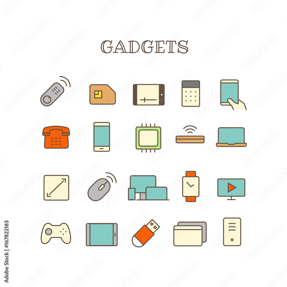 Poster Different gadget thin line color icons vector set
