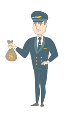 Young caucasian airplane pilot showing money bag with dollar sign. Airplane pilot holding money bag. Vector sketch cartoon illustration isolated on white background.