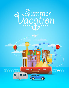 Summer vacation. Vacation travelling composition with the open bag
