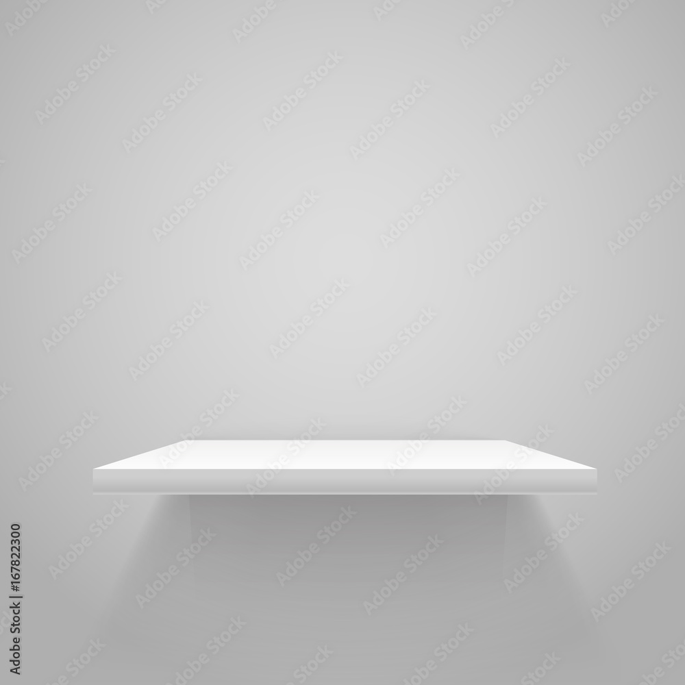 Poster white empty shelf on grey wall. vector mockup