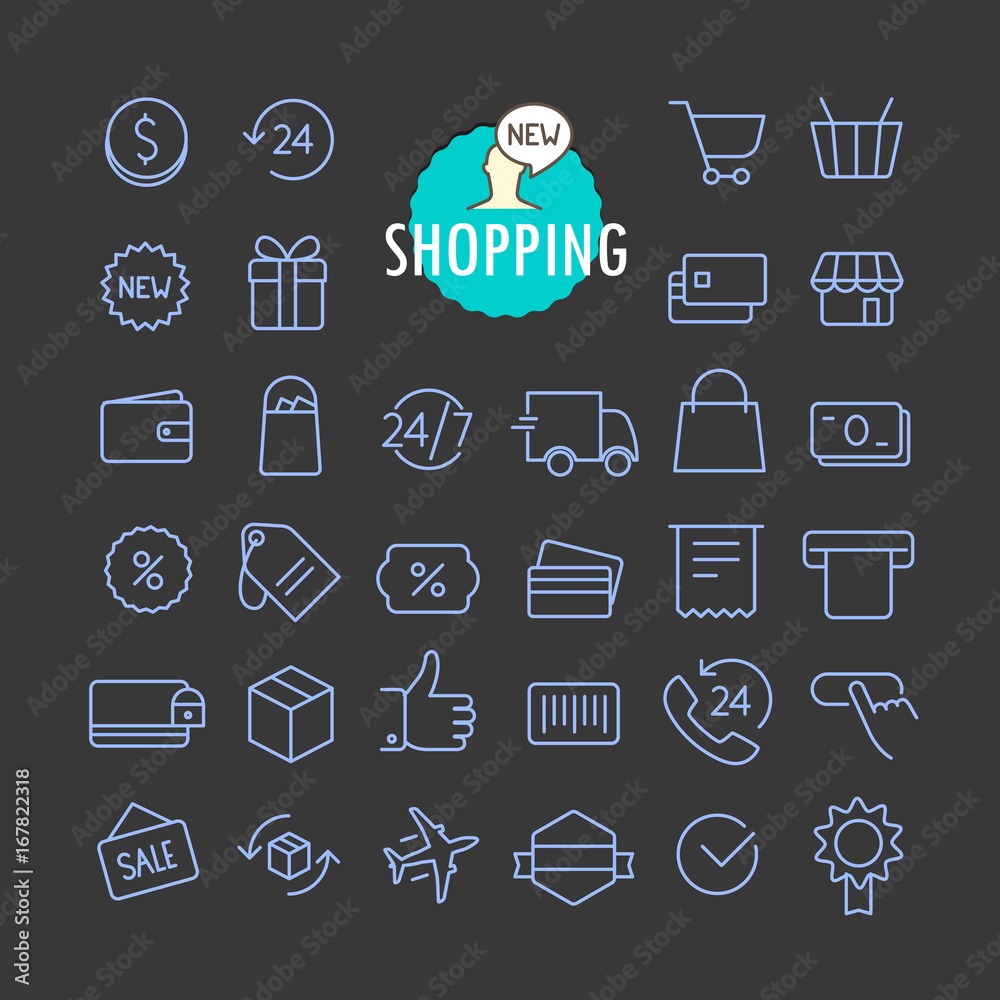 Poster Different shopping icons vector collection. Web and mobile app outline icons set on dark backgrond