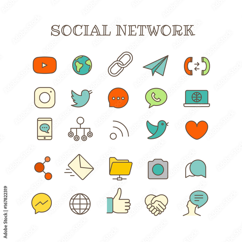 Poster Different social networking thin line color icons vector set