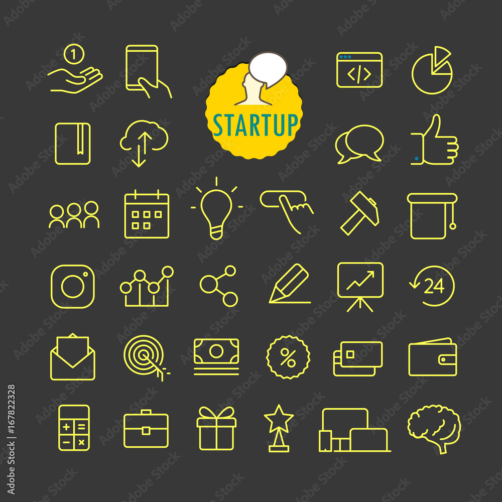 Leinwandbilder Different startup icons vector collection. Web and mobile app outline icons set on dark background