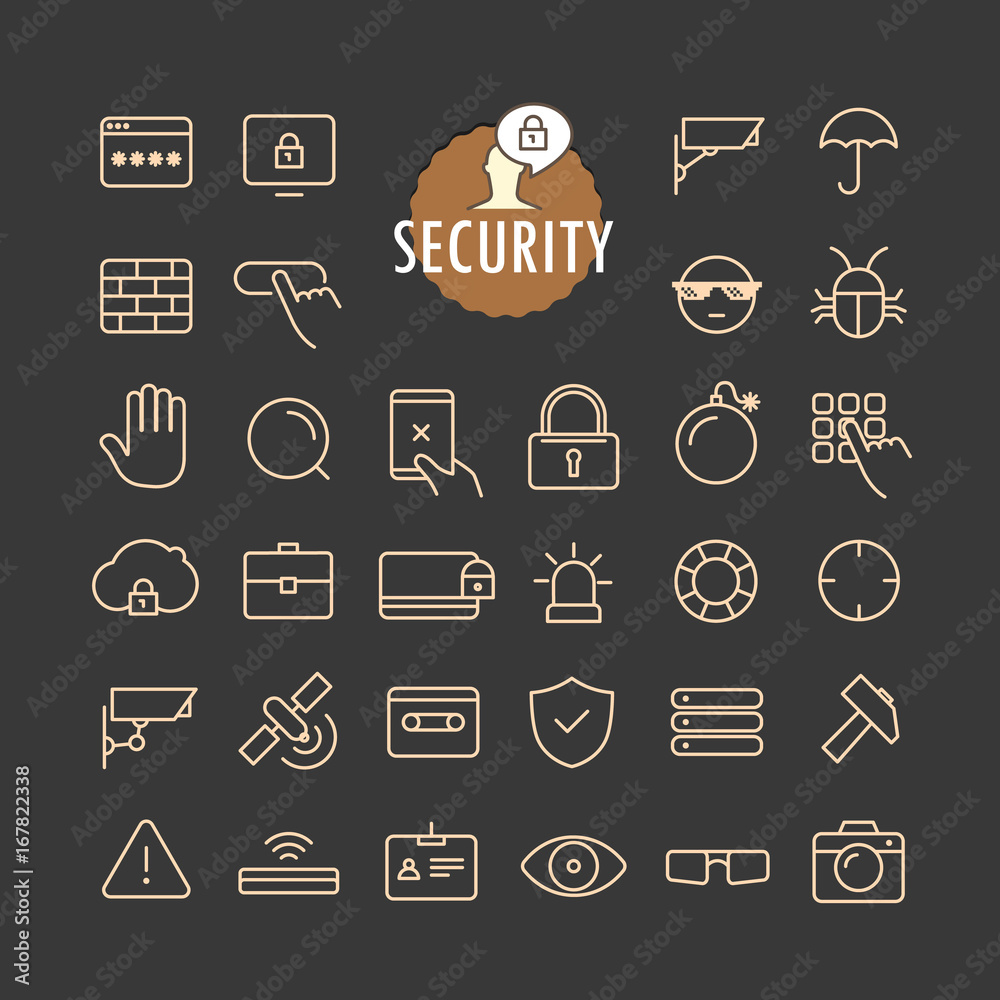 Fototapete different security icons vector collection. web and mobile app outline icons set on dark background