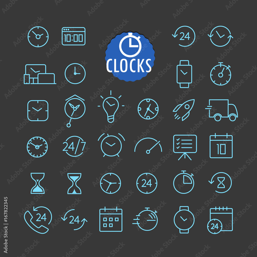 Fototapete different clock icons vector collection. web and mobile app outline icons set on dark background