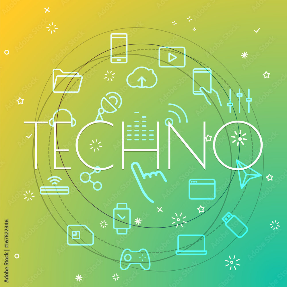 Aufkleber techno concept. different thin line icons included