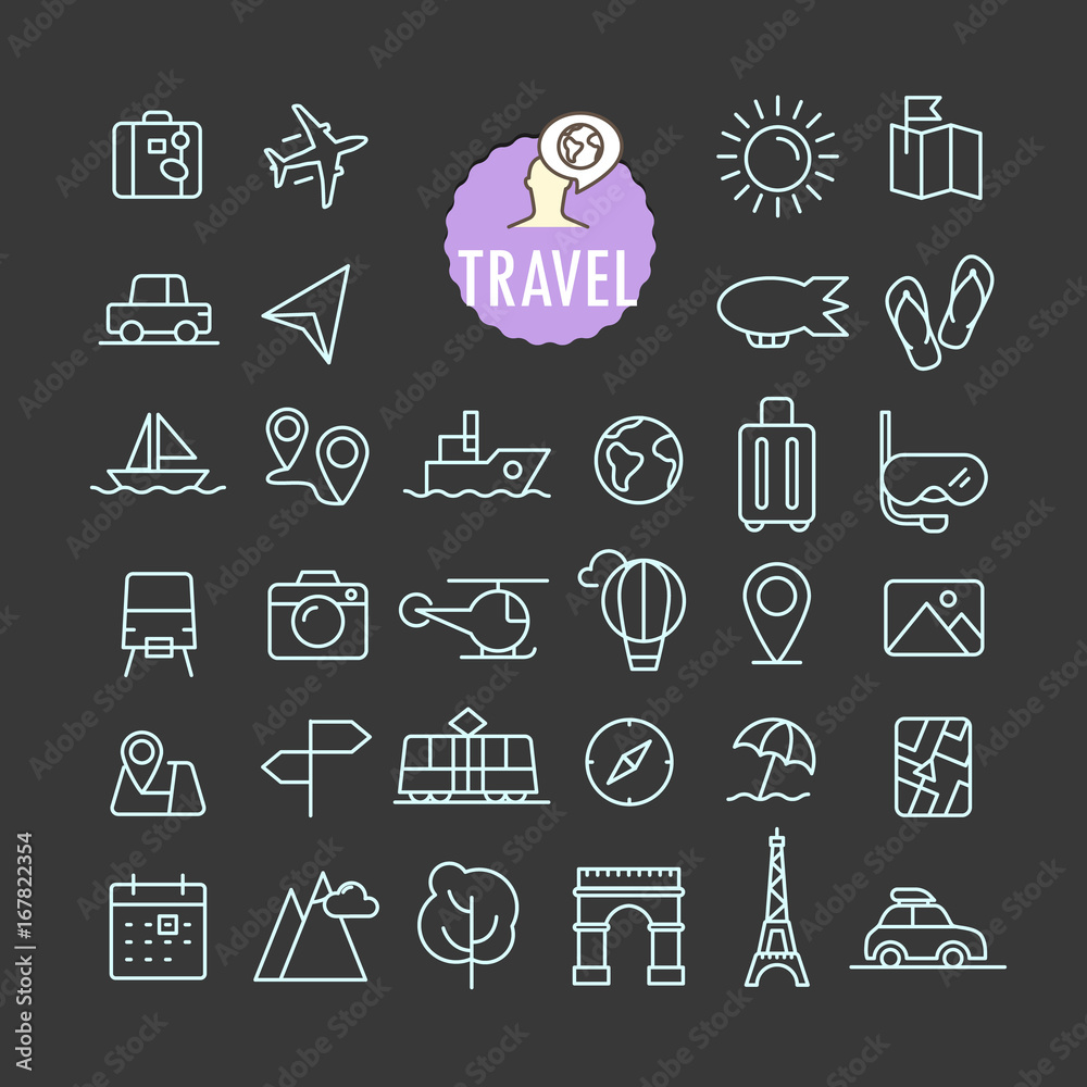 Poster Different travel icons vector collection. Web and mobile app outline icons set on dark background