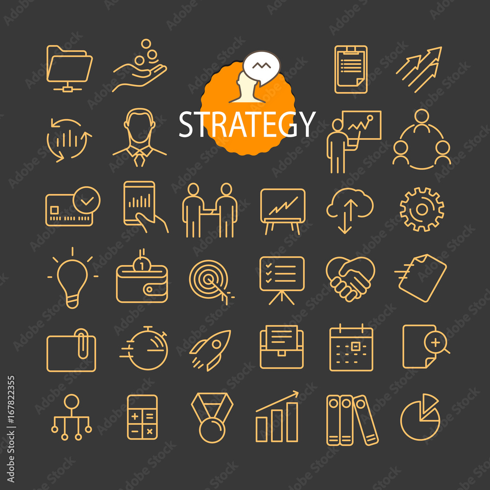 Aufkleber Different business strategy icons vector collection. Web and mobile app outline icons set on dark background