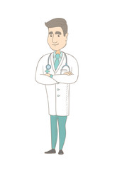 Young caucasian confident doctor with folded arms. Full length of doctor with folded arms standing in a pose signifying confidence. Vector sketch cartoon illustration isolated on white background.