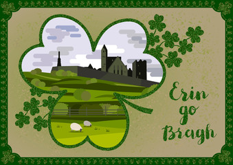 Vector greeting card. Irish landscape with Cashel Castle, clover leaves and lettering quote.