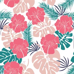  Seamless tropical pattern with monstera leaves and flowers on white background © bluelela