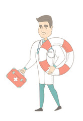 Young caucasian paramedic holding first aid box and lifebuoy. Smiling paramedic running with first aid box and lifebuoy in hands. Vector sketch cartoon illustration isolated on white background.
