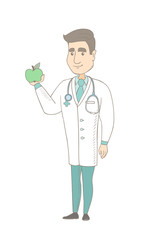 Caucasian nutritionist prescribing diet and healthy eating. Young smiling nutritionist holding an apple. Nutritionist offering an apple. Vector sketch cartoon illustration isolated on white background