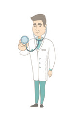 Young caucasian doctor with a stethoscope in hand. Smiling doctor holding a stethoscope. Cheerful doctor showing a stethoscope. Vector sketch cartoon illustration isolated on white background.