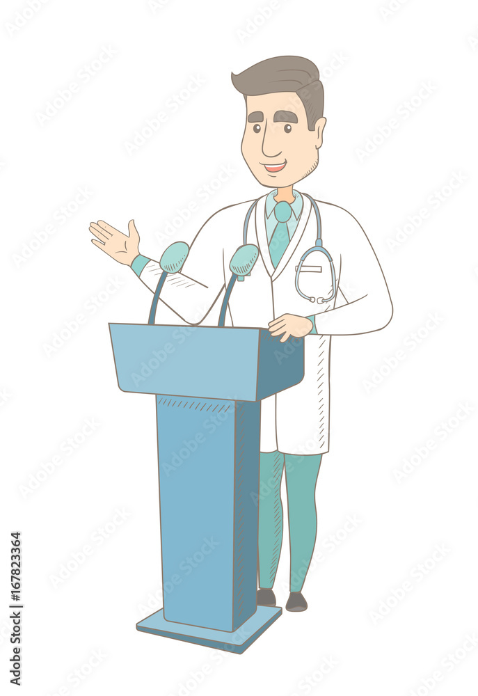 Sticker Caucasian doctor speaking to audience from the tribune. Young doctor giving a speech from the tribune with microphones. Vector sketch cartoon illustration isolated on white background.