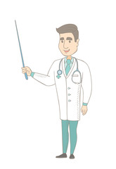 Caucasian doctor in medical gown holding pointer stick. Full length of young doctor pointing with a pointer stick. Vector sketch cartoon illustration isolated on white background.