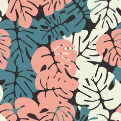Summer seamless tropical pattern with colorful monstera palm leaves on dark background