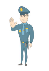 Caucasian traffic policeman showing stop hand gesture