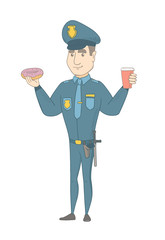 Caucasian policeman in uniform eating doughnut and drinking coffee. Young policeman with doughnut and cup of coffee in hands. Vector sketch cartoon illustration isolated on white background.
