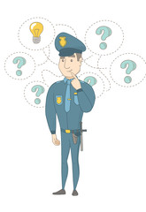 Caucasian policeman having idea in the investigation of criminal case. Young policeman standing under idea lightbulb and question marks. Vector sketch cartoon illustration isolated on white background