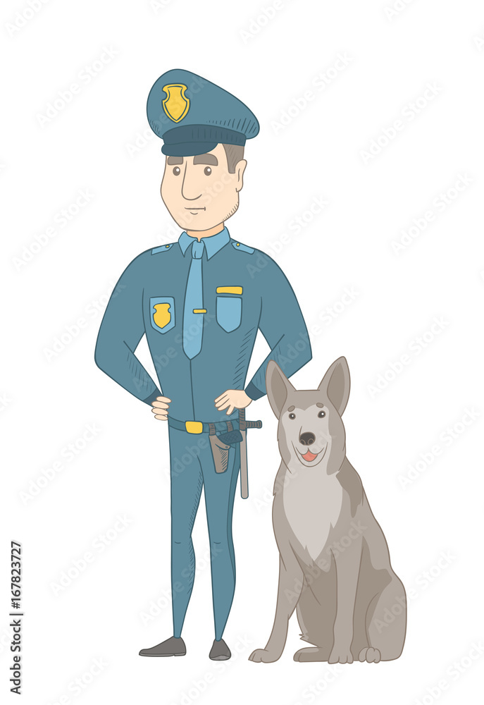 Wall mural Caucasian police officer standing near police dog. Full length of young serious police officer with his dog. Vector sketch cartoon illustration isolated on white background.