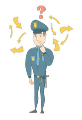 Caucasian policeman thinking about the investigation of a crime. Full length of young policeman thinking about the version of the crime. Vector sketch cartoon illustration isolated on white background