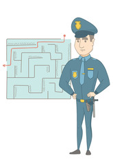 Caucasian policeman thinking about the solution of a confused criminal case. Young policeman looking at labyrinth with solution. Vector sketch cartoon illustration isolated on white background.