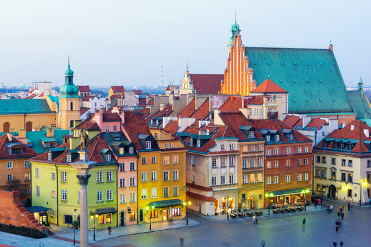 view on Old Town in Warsaw at dusk, Poland