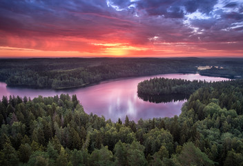 Scenic landscape with sunrise and lake at summer in national park Aulanko, Hämeenlinna, Finland - 167823937
