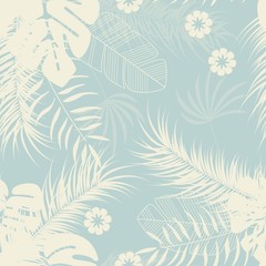 Summer seamless tropical pattern with monstera palm leaves and plants on blue background © bluelela