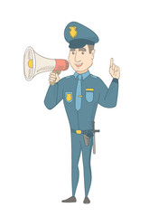 Caucasian policeman making an announcement with a loudspeaker. Full length of young policeman making announcement through a loudspeaker. Vector sketch cartoon illustration isolated on white background